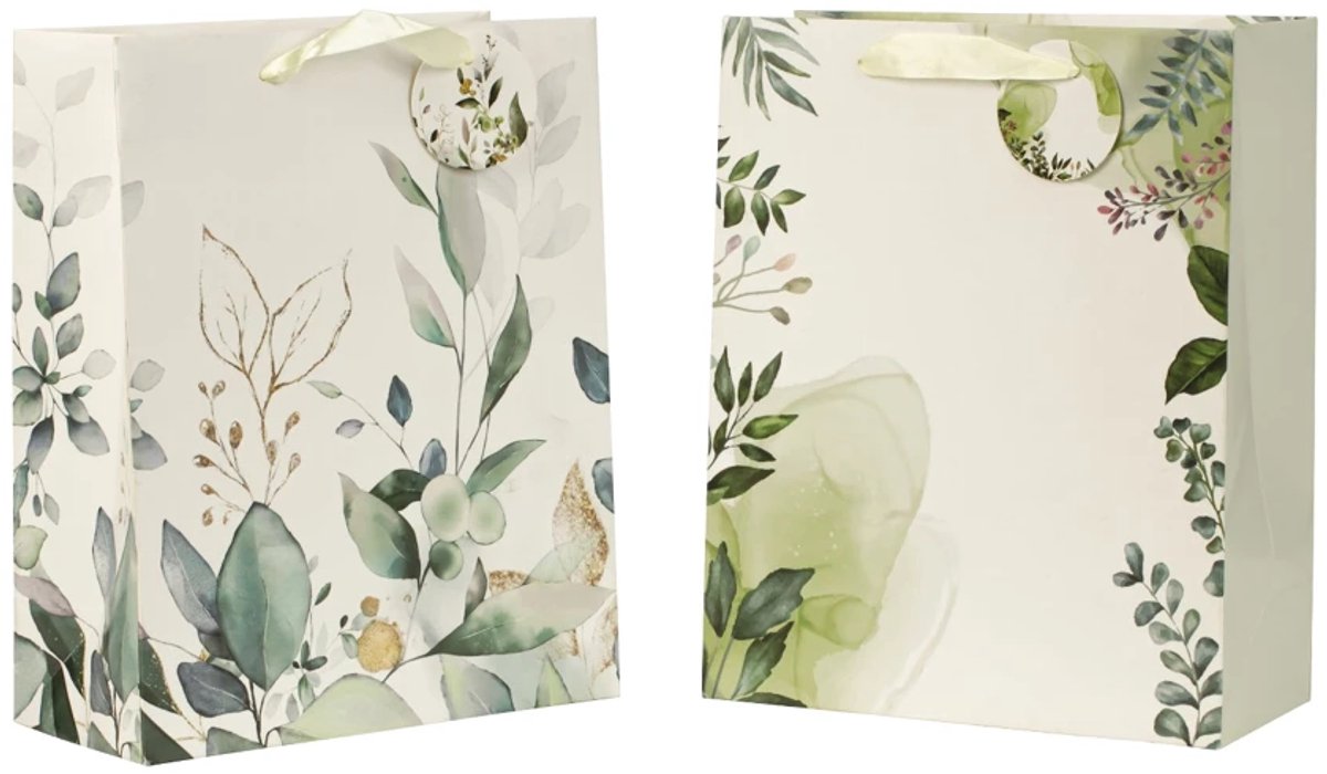 2x Cadeautasjes - 2x Luxe Geschenktasjes - Cadeauzakjes - Geschenkzakjes - Groene Bladeren - 11,4x6x14,6cmcm