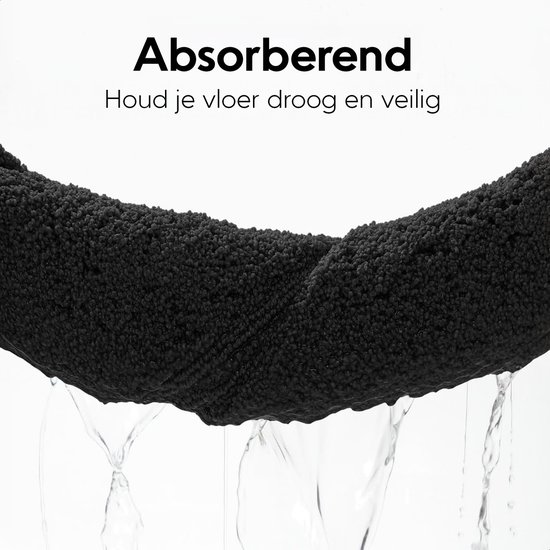Een zwarte badmat die water absorbeert, met de tekst 'Absorberend' en 'Houd je vloer droog en veilig'.