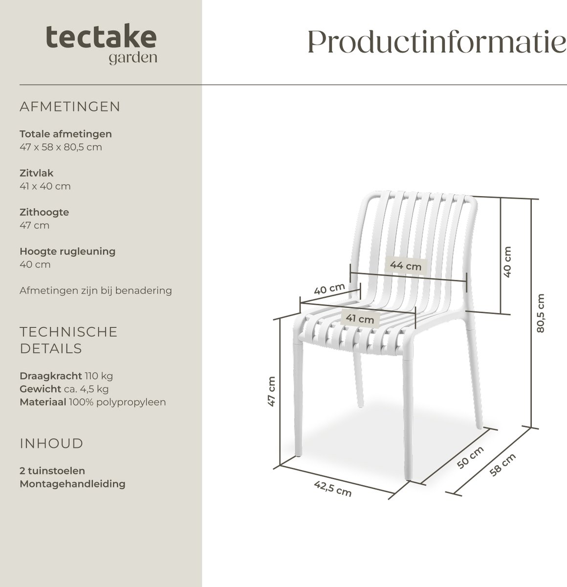 tectake® Set van 2 Tuinstoelen Alcudia - Creme - Kunststof Stoelen - Stapelbaar - Stoelen voor Tuin, Terras of Balkon - Weerbestendig en UV-bestendig - Draagkracht 120kg per Tuinstoel – foto 7