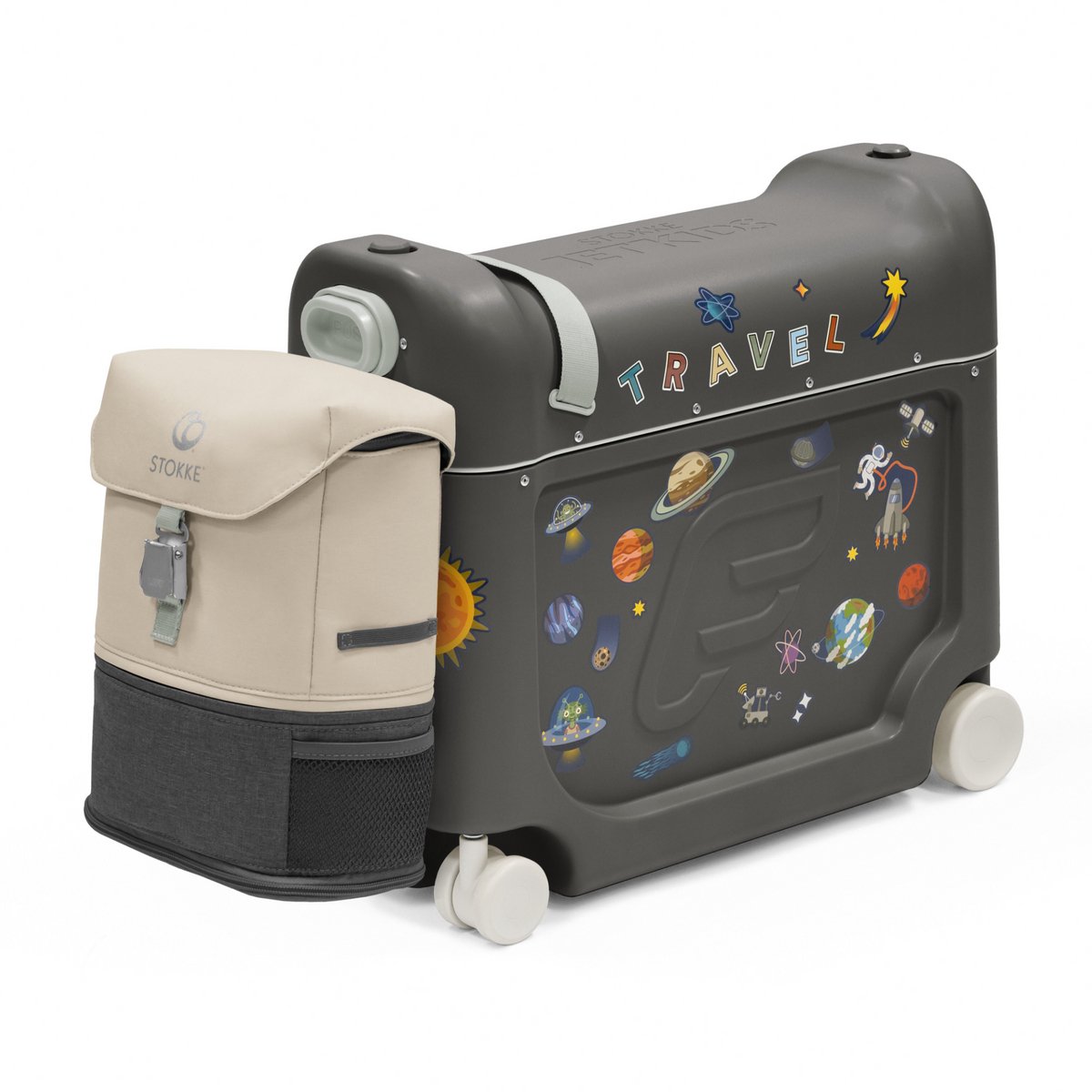 Stokke JetKids Reispakket, Midnight Grey - Met BedBox Ride-On koffer en rugzak - Voor kinderen van 2-7 Jaar (tot 35 kg)