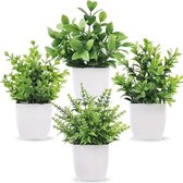 Set van 4 kleine kunstplanten voor binnen, levensechte nepgroen potbloem, decoratieve kunstplanten voor thuiskantoor, tuin, binnenplaats, balkon, binnen- en buitendecoratie