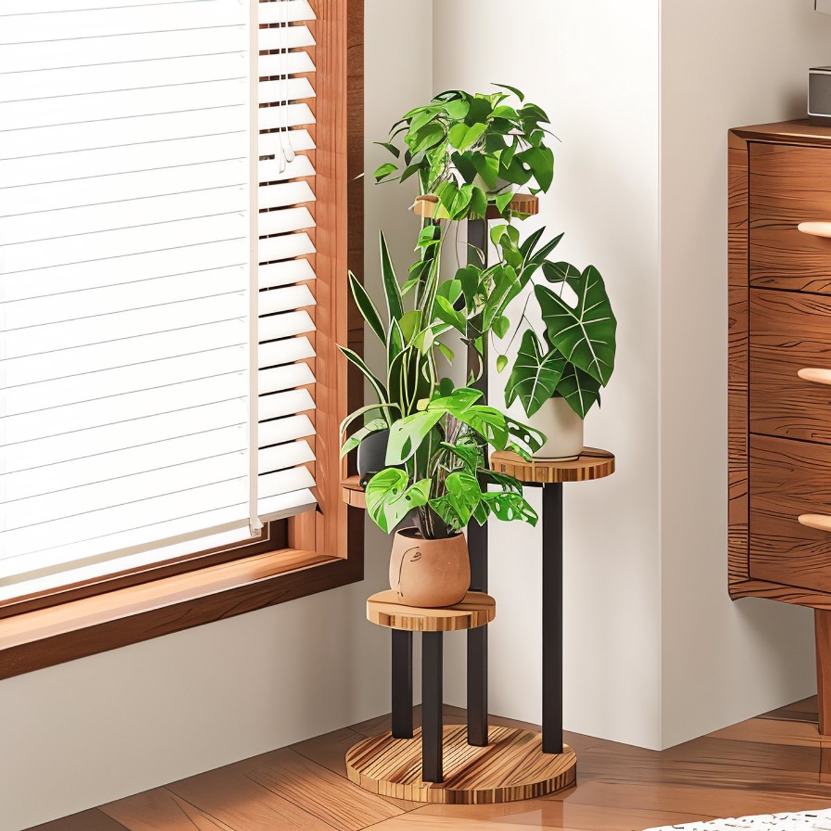 Famanu Plantenstandaard voor hoek, houten plantenrek voor binnen, kleine houder voor bloemen, buiten, metaal, gelaagde plantentafel voor raam, balkon, woonkamer, tuinieren (4 niveaus)