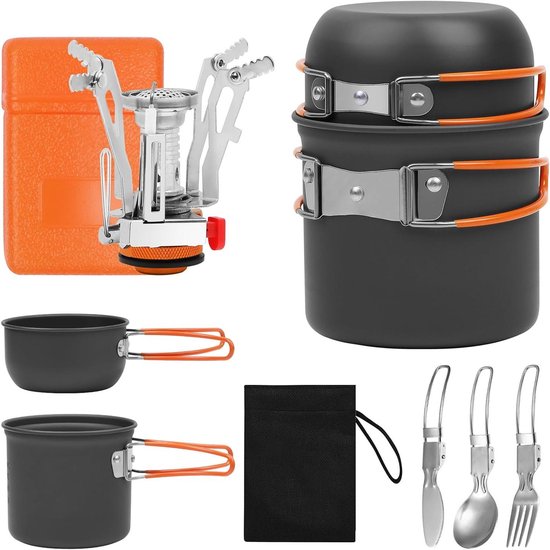 BILIPLE Campingkookset Voor 1-2 Personen – Inclusief Brander, Bestek, Opvouwbare Pannen En Nettas