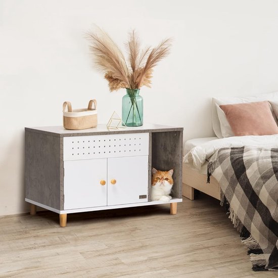 HOOBRO Kattenbak, Kattenhuis met deur en scheidingswand, Bench met opbergruimte, Robuust, Kattenkist, Kattenmeubels, Kattenbak voor het opbergen van