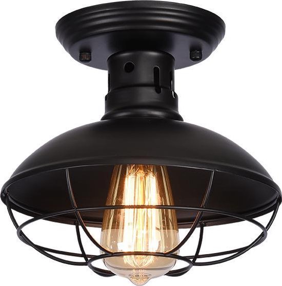 Industriële Plafondlamp - Zwart Metaal - Kooi design - Rooster - inclusief  LED draadlamp | bol.com