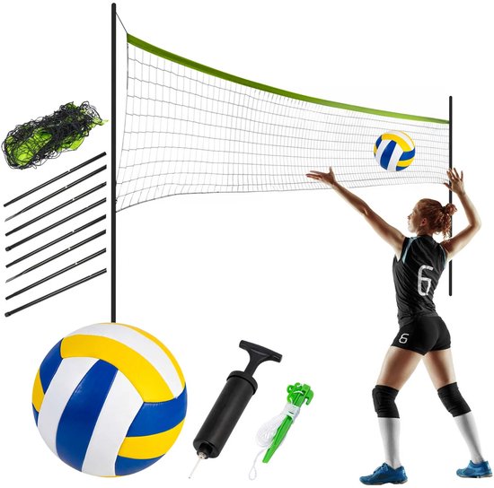 Volleybalset met net, vrouw die serveert, bal, pomp en extra palen.