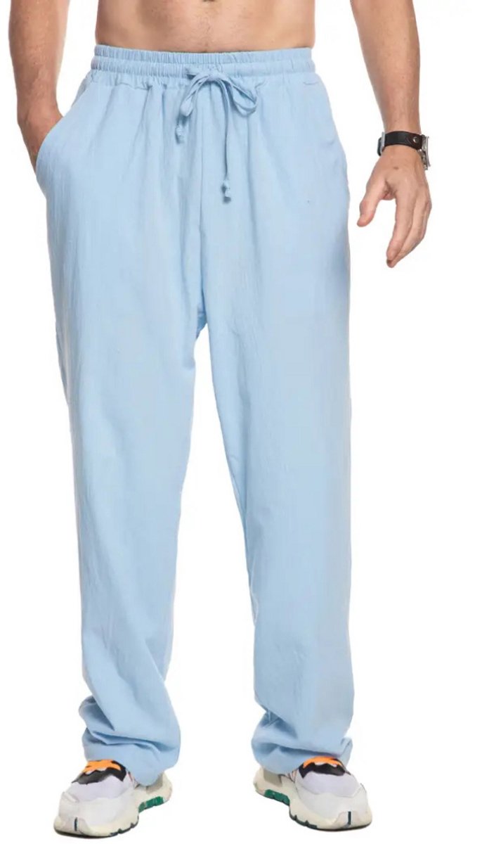 Livano Linnen Broek Heren Zomerbroek Volwassenen Lange Broek Pantalon Strandbroek Zomer Ibiza Stijl Hemelsblauw