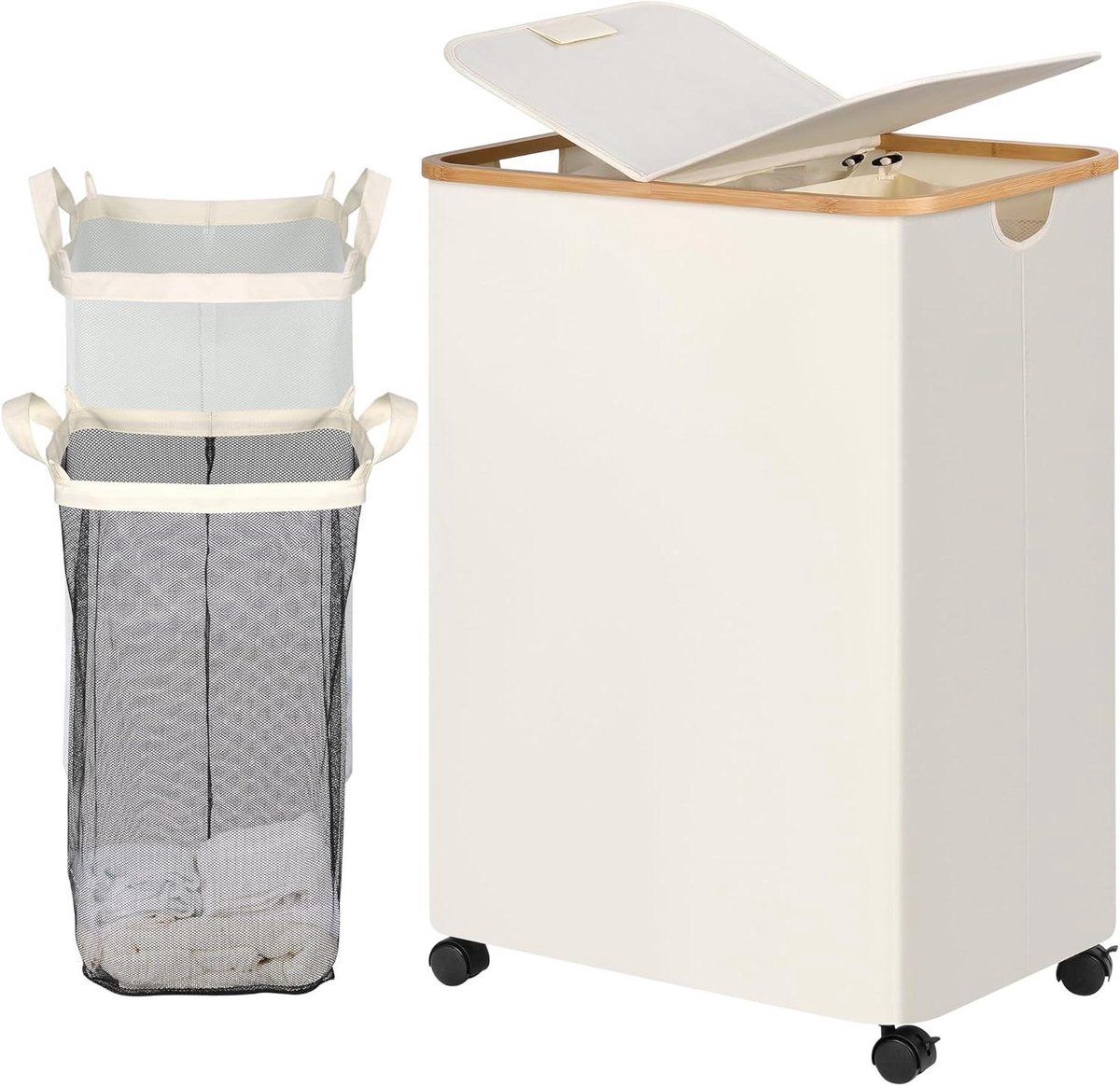 Gedeelde wasmand met deksel en wieltjes - 160 liter - 2 vakken - beige