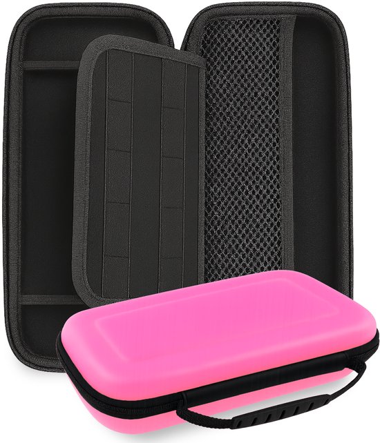 Roze hardcase hoes met zwarte rits en handvat, naast een open zwarte hoes met opbergvakken.