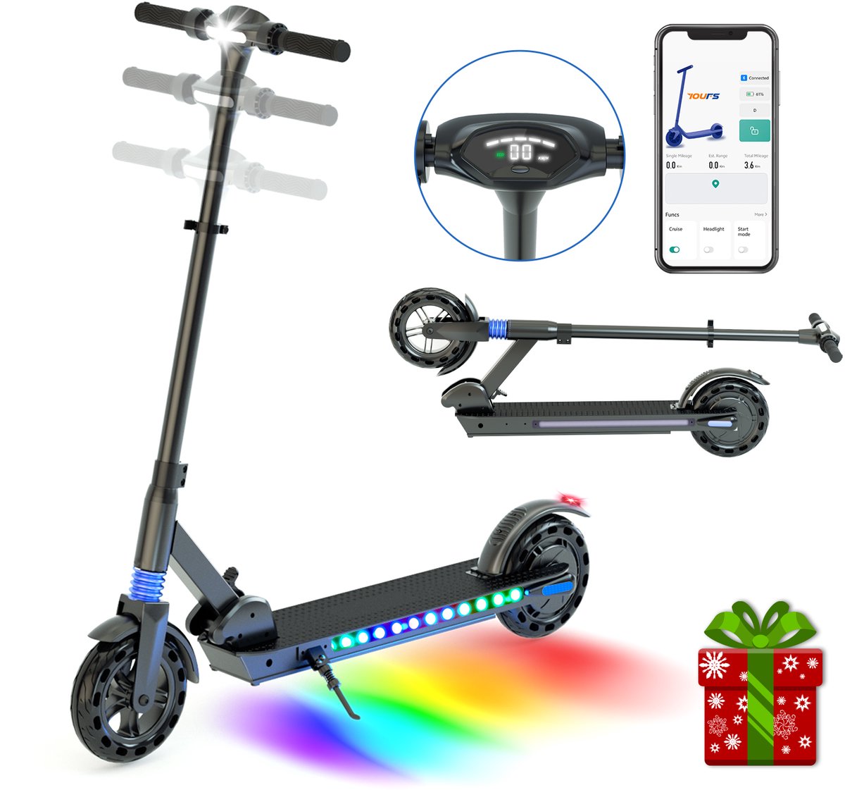 YEE RUN Elektrische step, Opvouwbare elektrische step met vering voor jongeren en volwassenen, 250W Motor, Maximale snelheid 25 km/u, Bereik tot 25 km, Maximale belasting 120 kg, LED-display, Kleurrijke verlichting, Hoogte aanpassing.
