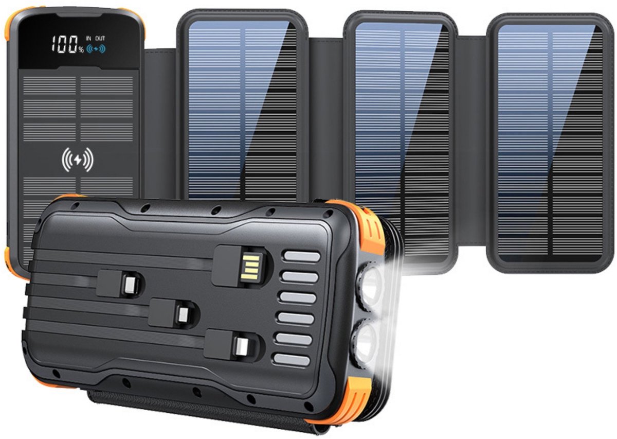 Afbeelding 2 van Siltcon® Solar Powerbank 30000 mAh - Powerbank Zonneenergie - Powerbank - Noodpakket - Draadloze Powerbank 10W - 22.5W Snellader - LED Indicatie - Zaklamp - Geschikt voor iOS/Android - USB-A/USB-C - 4x Ingebouwde kabels - 4 Panelen 8W