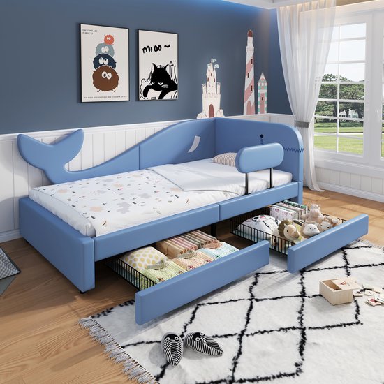 Paneelbed voor kinderen - Gestoffeerd bed - Slaapbank - Walvisdesign - 2 lades op wielen - blauw - 90x200 cm - zonder matras