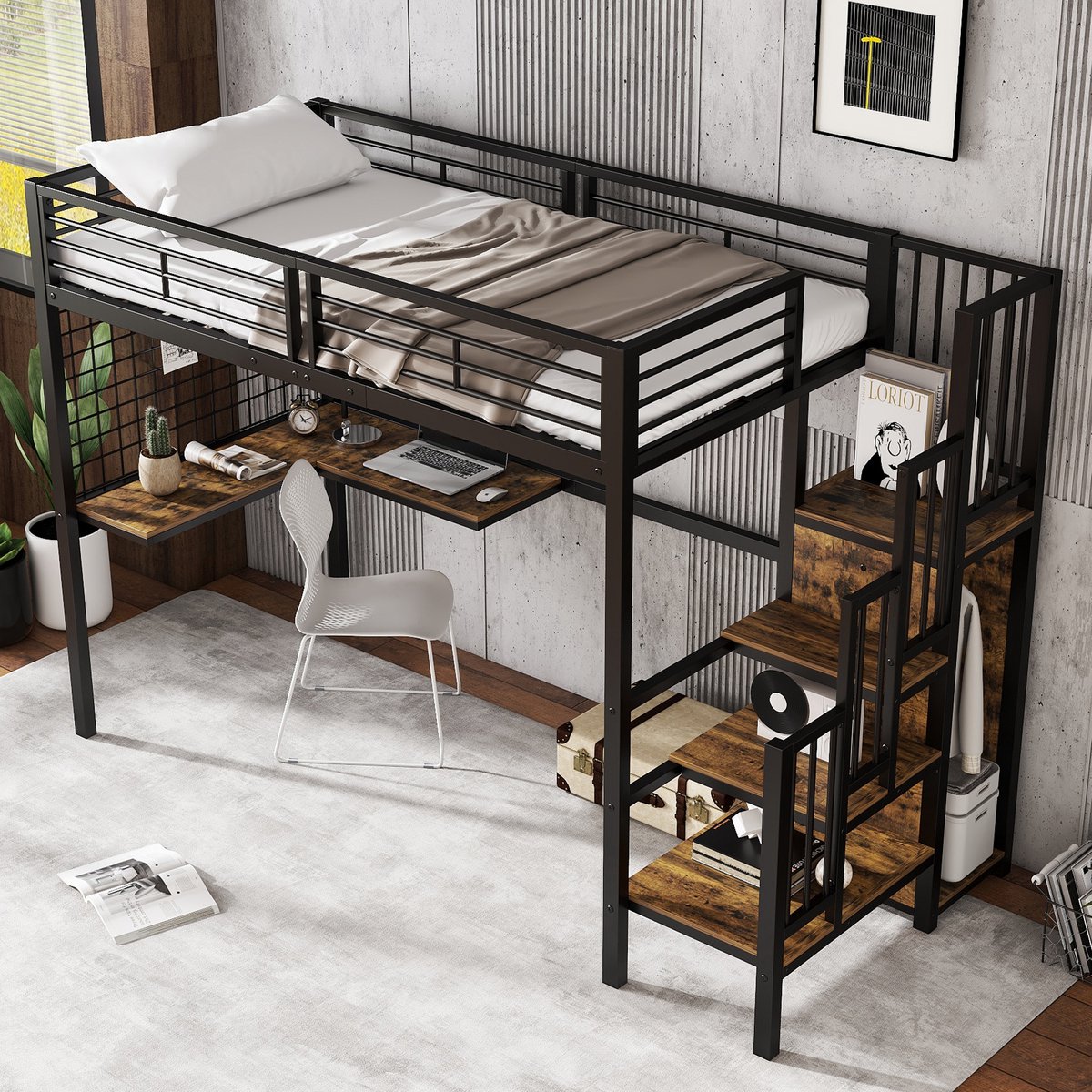 Merax Hoogslaper - 90 x 200cm - bed met lattenbodem - zonder matras - bed met kledingkast en trap - bureau - zwart