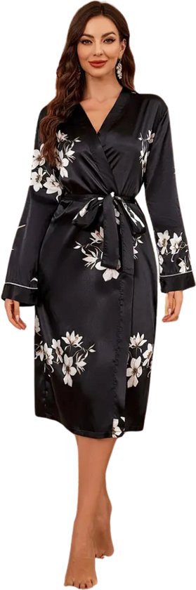 Nivard Satijnen Badjas Dames - Kimono - Kamerjas - Satijn - Ochtendjas - Pyjama - Zwart - Maat L