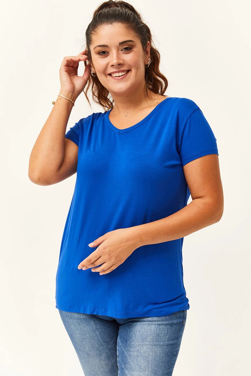 Dames 2XL Grote Maten V-Hals Basic Kortemouw T-Shirt Blauw