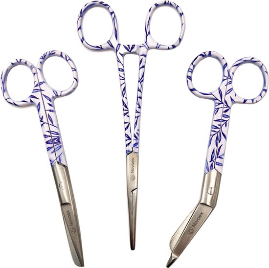 Drie stuks medisch instrumentarium, wit met blauwe bladeren patroon, Novadex
