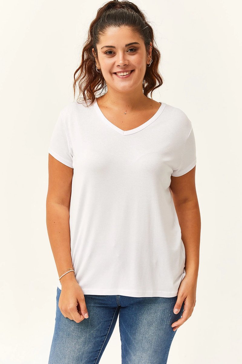 Dames Large V-Hals Basic Kortemouw T-Shirt Wit