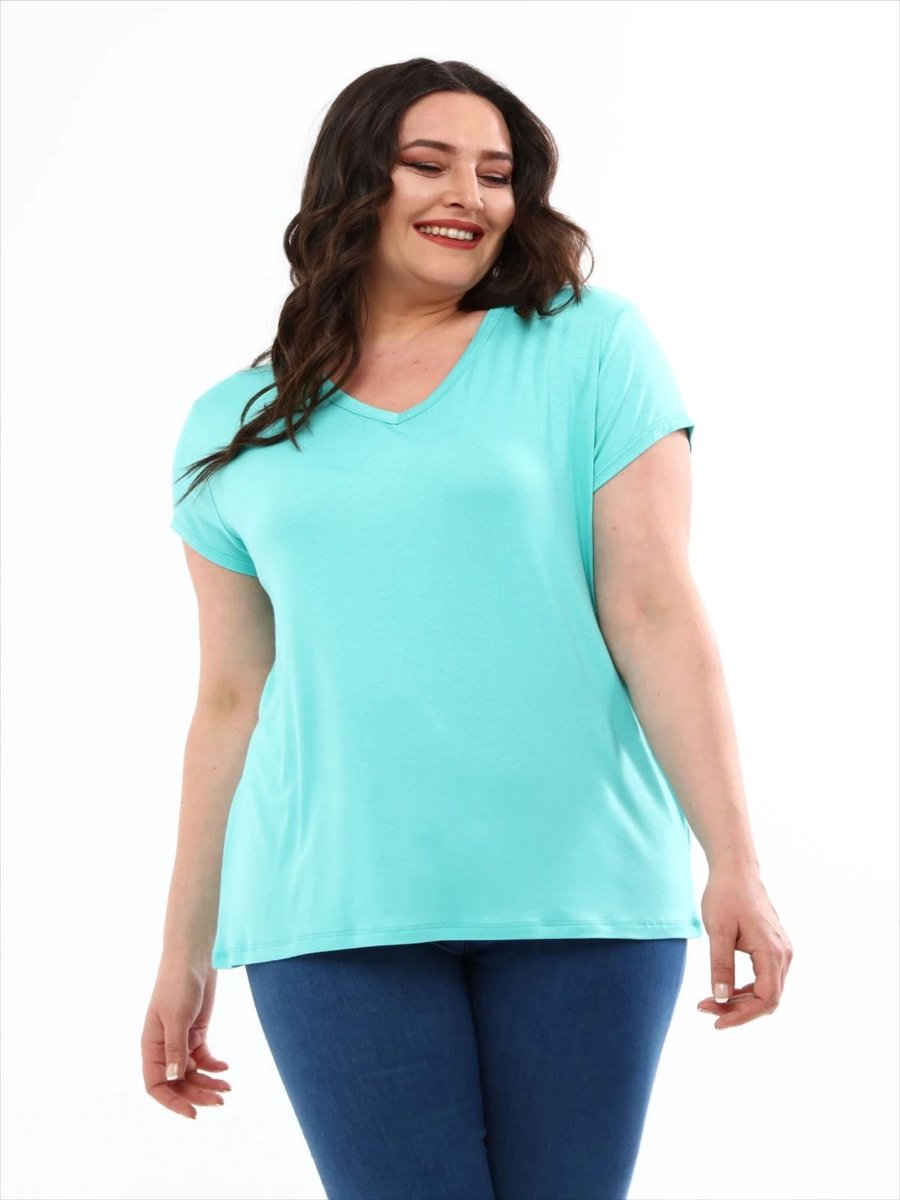 Dames V-Hals Basic Kortemouw T-Shirt in Grote Maten Blouse Mintblauw