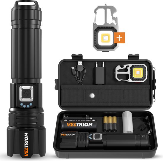 Veltrion Zaklamp LED oplaadbaar - Militaire zaklamp - 3000 Lumen - 26650 mAh oplaadbare batterij - 5 standen - Powerbank functie - IP65 Waterdicht - Zaklamp op batterijen