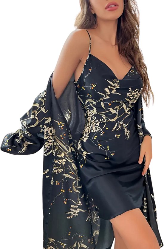 Nivard Satijnen Badjas Dames - Kimono - Kamerjas - Satijn - Ochtendjas - Pyjama - Zwart - Maat L