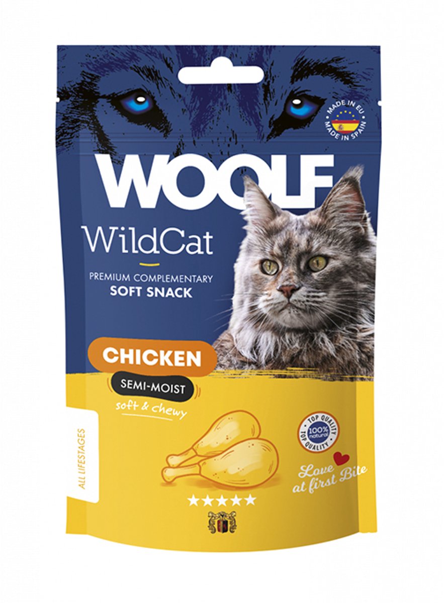 ** 3 X ** Woolf - wild cat - chicken - kip - 100% natuurlijk - lekkere kattensnack - 3 x 50 gr = 150 gr
