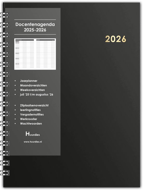 Huurdies - Docentenagenda - 2026 - A5 - Hardcover - Goudfolie & krasvast gelamineerd