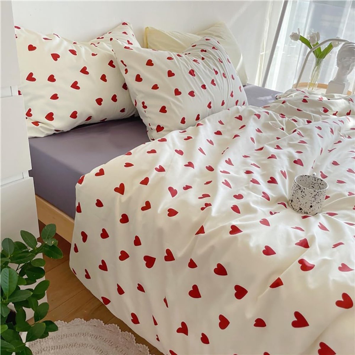 Ibenzoa Zachte Microvezel Bedtextielset – Hartmotief voor – 4-Delig wit rood