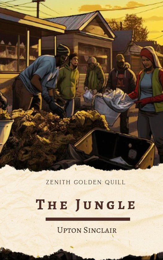 Boek kaft met de titel 'The Jungle' van Upton Sinclair, met een illustratie van mensen die rommel opruimen.