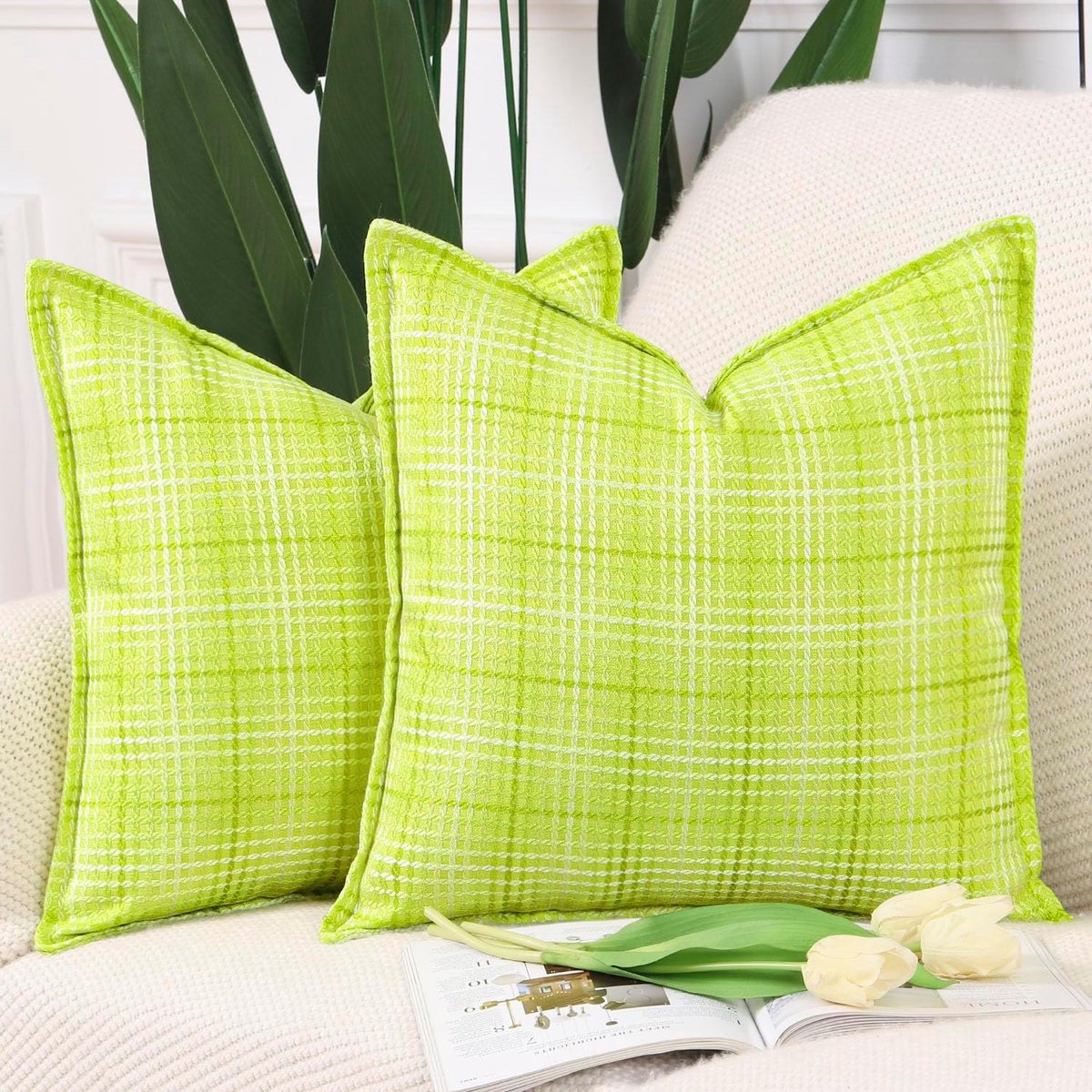 Ibenzoa Premium Geweven Kussenhoezen Set - Twee Stuks, Lime Groen, 50x50 cm