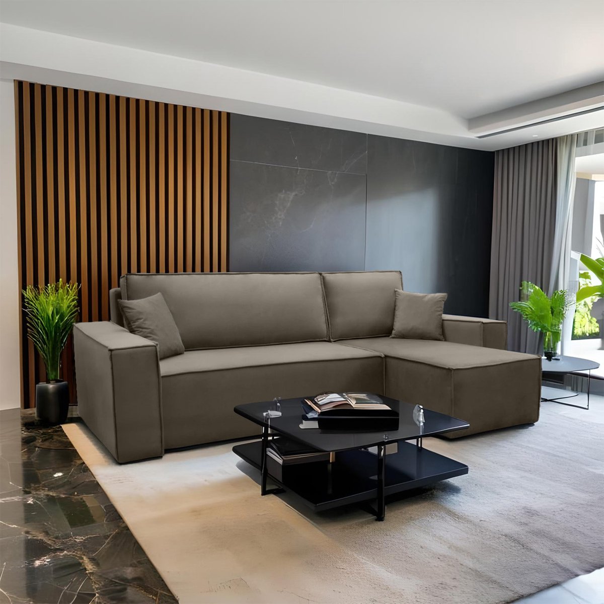 Hoekbank Frenkie - Universeel - Velvet - Taupe - Fluweel - Slaapbank met opbergruimte - Lounge Links of Rechts - Direct Leverbaar - Hoekzetel - Chaise longue - Zetel met slaapgedeelte - 3 zits - Zitcomfort Medium