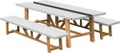 AXI Aaron Tuinset met 2 banken van acaciahout en cement in Kalksteen look – Picknicktafel van hout met 2 losse banken – 2-in-1 tafelblad met metalen gleuf – 240 x 40 x 45 cm