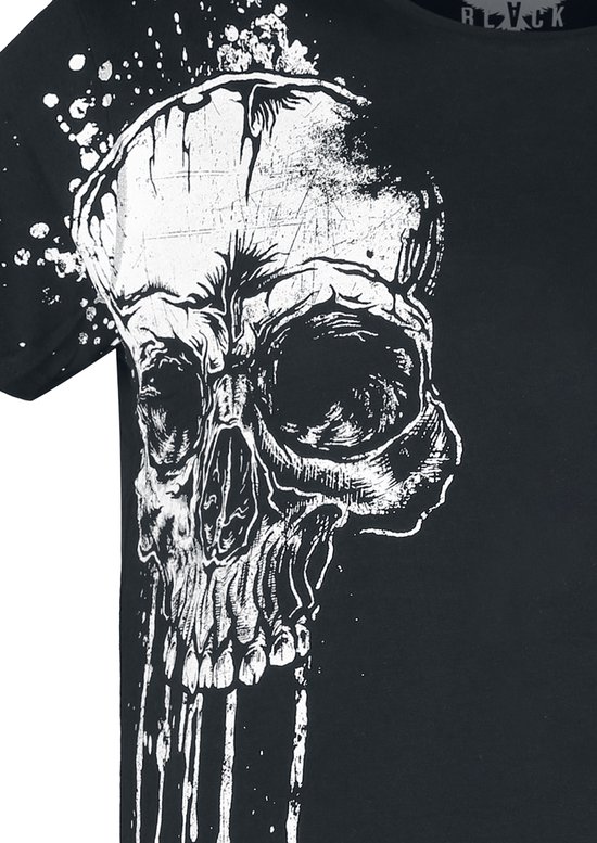 Close-up van een zwart T-shirt met een witte, druipende doodshoofdprint op de borst.