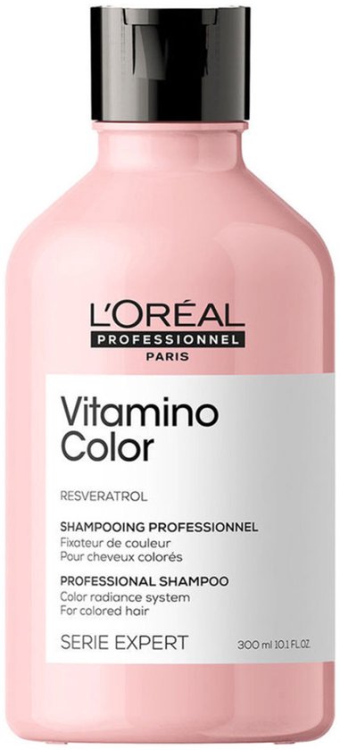 L'Oréal Professionnel Vitamino Color shampoo, 300 ml, roze fles met zwarte dop.