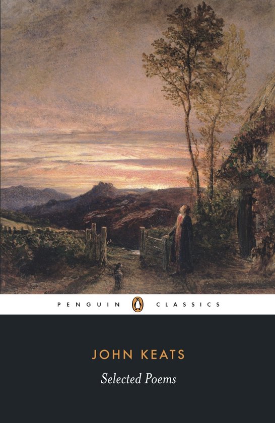 Boekomslag van 'Selected Poems' door John Keats met een schilderij van een man die uitkijkt over een landschap bij zonsondergang.