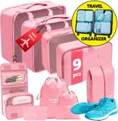 GMR Packing Cubes Set | 9 Delig | Koffer & Reistas Organizers voor Kleding, Schoenen, Backpack & Beauty - Koffer Organizer Set - Inclusief Cosmetica Tas - Roze