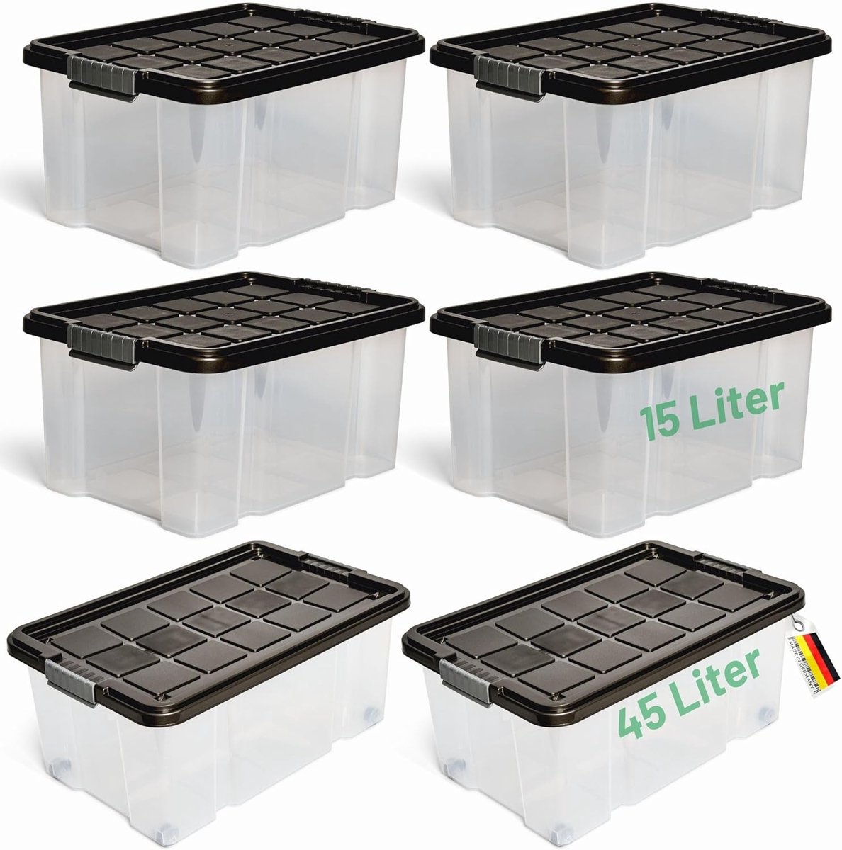 Novaliv 5-delige set opbergdozen met deksel, antraciet, 2x45 L + 4x15 L, nestbaar, stapelbaar, clipsluiting, roldozen, BPA-vrij
