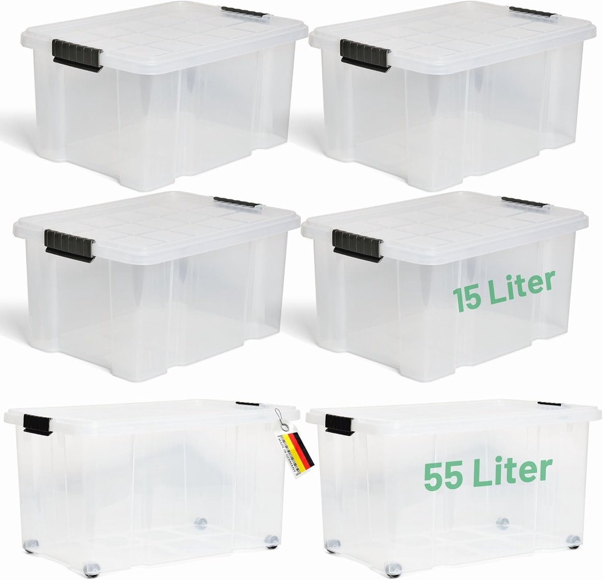 Novaliv 6-delige voordeelset opbergdozen met deksel, transparant, 2x55 L + 4x15 L, nestbaar, stapelbaar, clipsluiting, roldozen, BPA-vrij