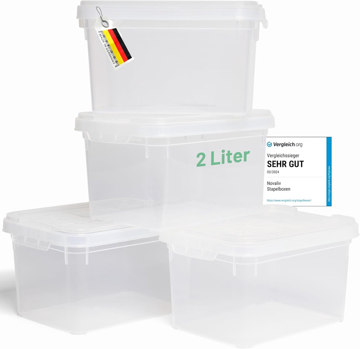 Novaliv 4x opbergdozen met deksel klein 2 L transparant nestbaar stapelbaar kunststof dozen met clipsluiting kunststof BPA-vrij 19 x 14 x 11 cm