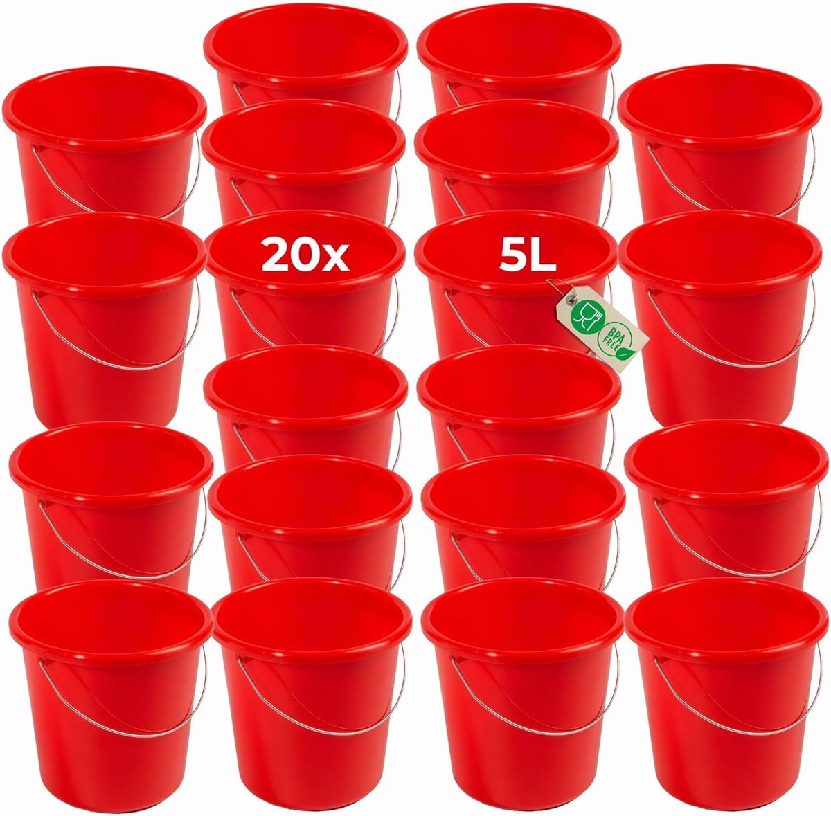 Novaliv 20 stuks emmer 5L rood met maatverdeling - schoonmaak emmer 5 liter? 22,5 cm Praktische alleskunner met schaalverdeling voor huishouden & tuin ideaal als huishoudemmer, wateremmer, dweilemmer, emmer