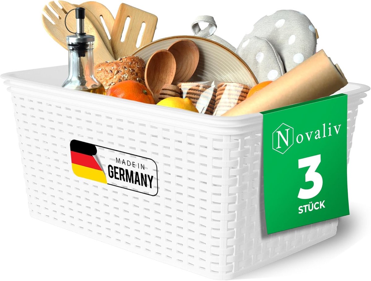 Novaliv Set van 3 voedselveilige manden Keukenopslag 14L Wit plastic rotanlook Keukenopslag & Organisatie BPA-vrije voedselopslagdoos voor theezakjes Snacks Specerijen