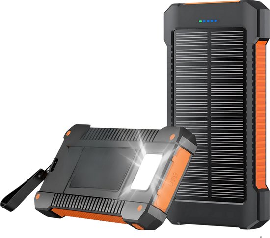 Royal Empire Solar Powerbank - Zonne-energie - Powerbank 20.000 mAh - Outdoor - Noodpakket - Led Zaklamp - Snellader - 2x USB + Micro-USB 5V/1A - Waterproof - Zwart/Oranje - Geschikt voor alle smartphones Tablets en meer