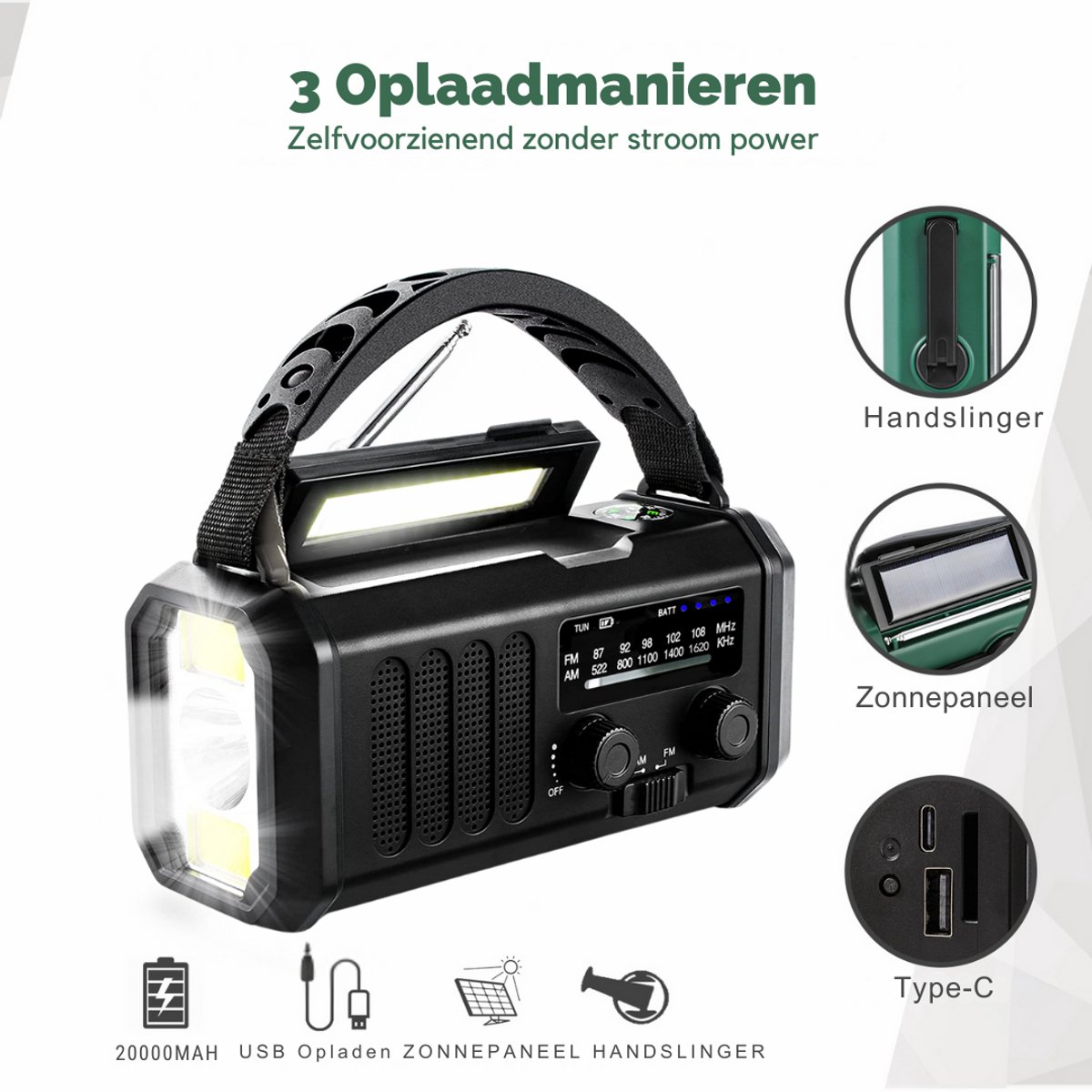 P-Repair - Noodradio - Opwindbare radio - Solar Opwindbaar - Powerbank Zonne-energie - 20.000mAh - Met zaklamp - USB oplader - USB-C oplader - Zwart – foto 5