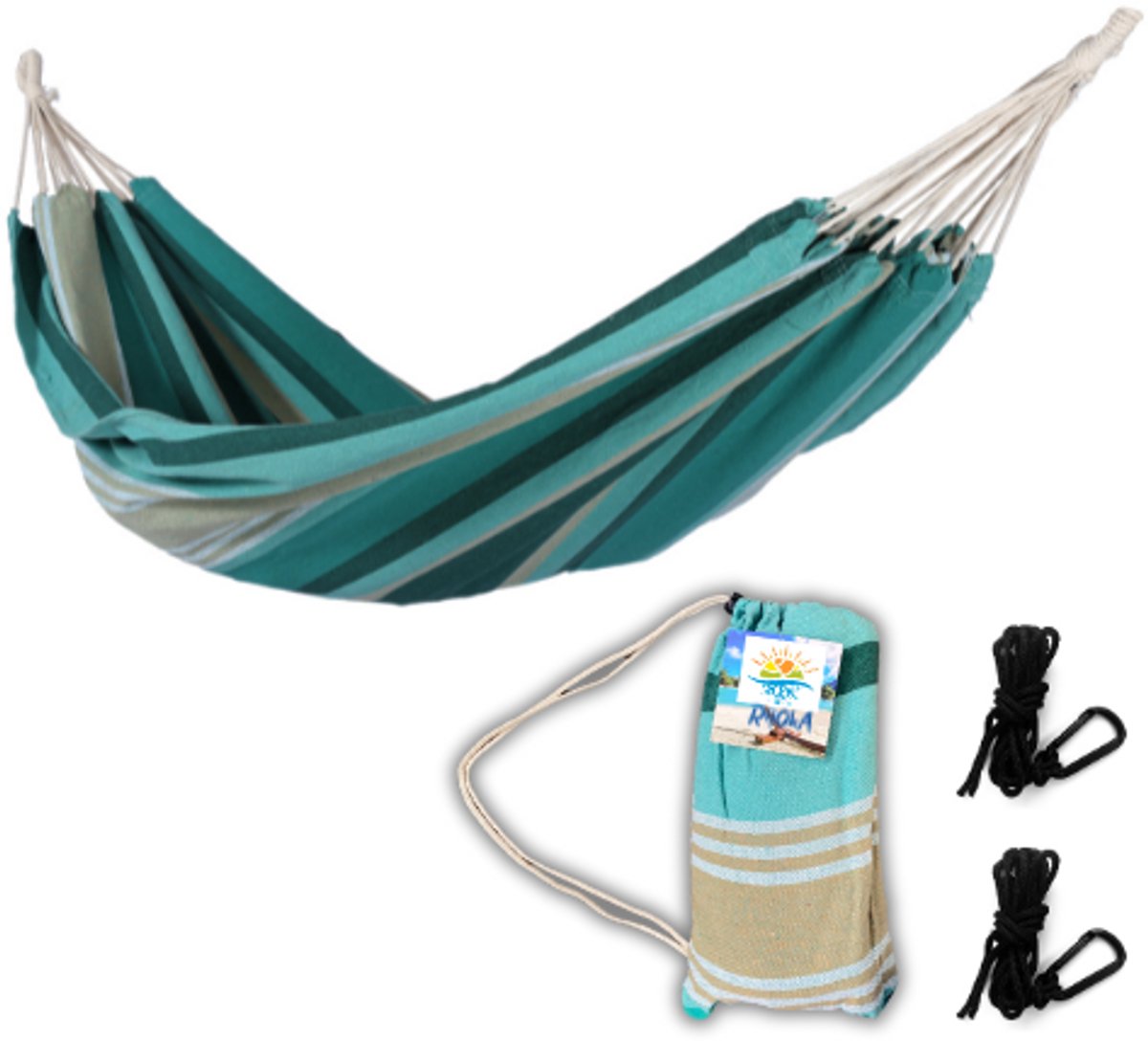 Rijoka Hangmat Large - 200x140cm - Groen Gestreept - 1 Persoons - Incl. 2 Haken, Touw én Opbergzak