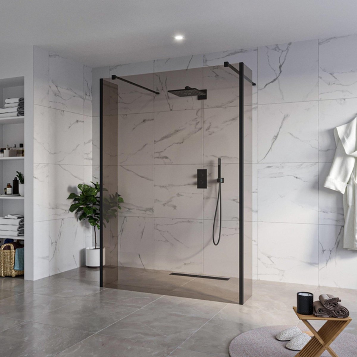 FugaFlow Eccelente Vetro Vrijstaande inloopdouche badkamer - 140x200cm - Rookglas - antikalk - 8mm veiligheidsglas - 2 zijwanden 40cm - met wandarmen en hoekprofielen - Zwart mat -