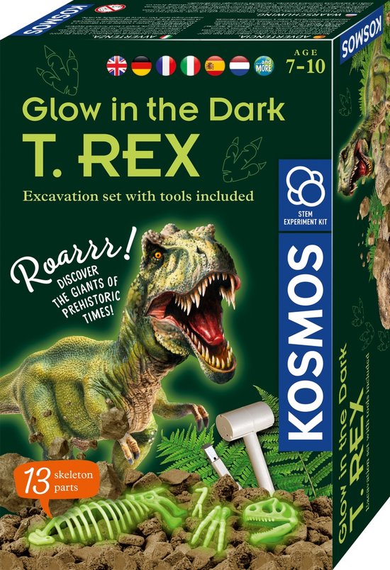 Foto: Kosmos dig out t rex glow in the dark experimenteerset graaf een prehistorisch skelet op en laat het oplichten inclusief 13 botdelen hamer en beitel t rex uitgraven