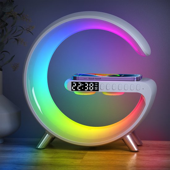 Wake Up Light - Met Draadloze Oplader - Lichtwekker - Bureaulamp - LED Light - Bluetooth Speaker - Nachtlamp - Digitale Wekker - Google Home & Alexa - Wit