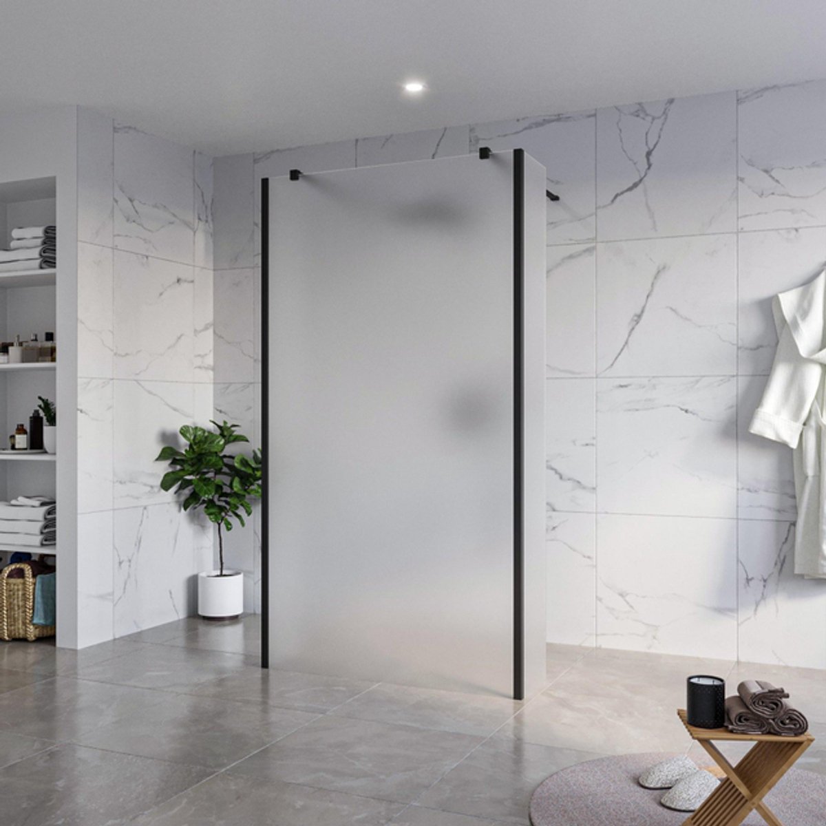 FugaFlow Eccelente Vetro Vrijstaande inloopdouche badkamer - 110x200cm - Glas mat - antikalk - 8mm veiligheidsglas - 2 zijwanden 30cm - met wandarmen en hoekprofielen - Zwart mat -