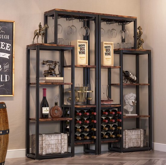 Armoire à vin - Casier à vin - Armoire à boissons - Placard - Porte-verres à vin - Porte-bouteilles - Industriel - Bois et métal - Marron/ Zwart - 175x80x30cm