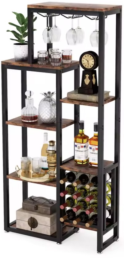Armoire à vin - Casier à vin - Armoire à boissons - Placard - Porte-verres à vin - Porte-bouteilles - Industriel - Bois et métal - Marron/ Zwart - 175x80x30cm