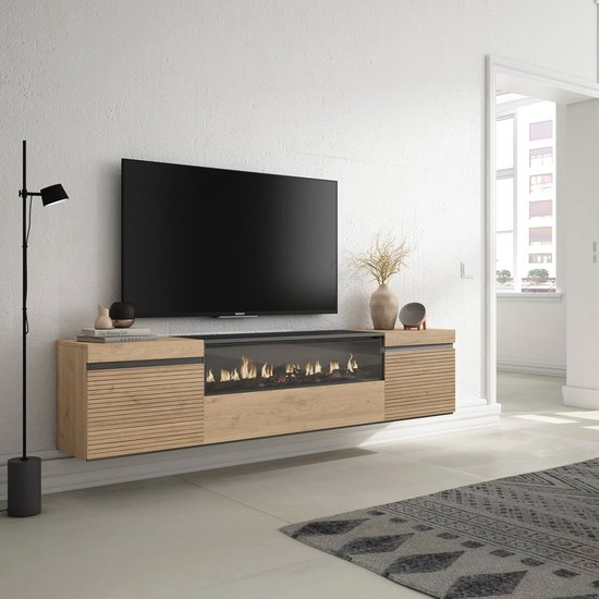 RanRan Tv-meubel, TV-meubel met rotan achtige deur, glazen schuifdeur, DRIE open booggebieden, lowboard met gouden handgrepen en massieve houten poten. 170 x 47 x 37 cm